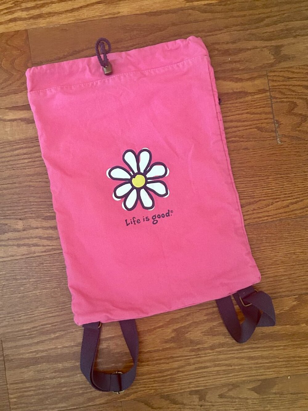 NWOT Life is Good Canvas Drawstring Backpack Daisy Logo Camp Overnight School Ne - Picture 11 of 11